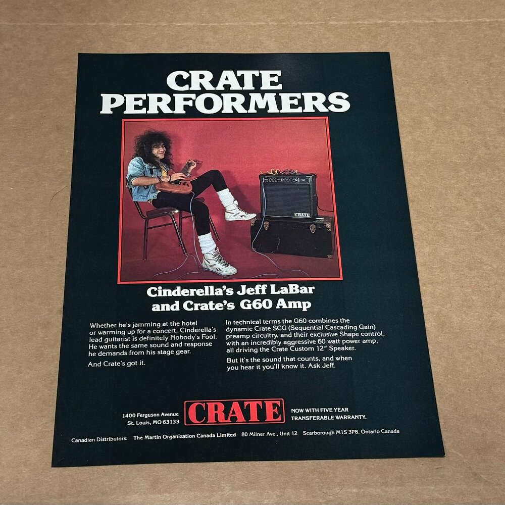 Jeff LaBar of Cinderella - Crate Amps - 1987 Print Advertisement